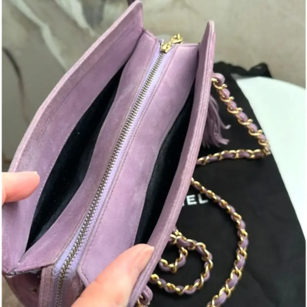 CHANEL Vintage Purple Quilted Suede Chain Link Shoulder Bag CC Logo Tassel Charm